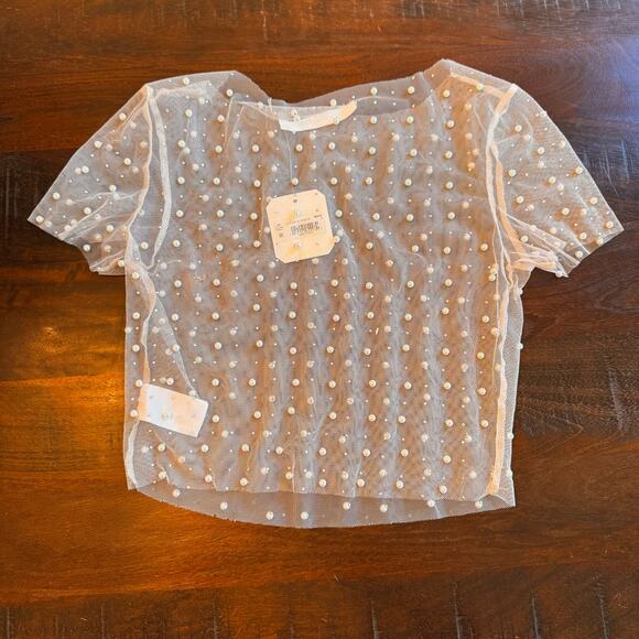 New ALTAR’D STATE Ivory Sheer Pearl Rhinestone Beaded Cropped Top Women's Sz Sm - Picture 10 of 12